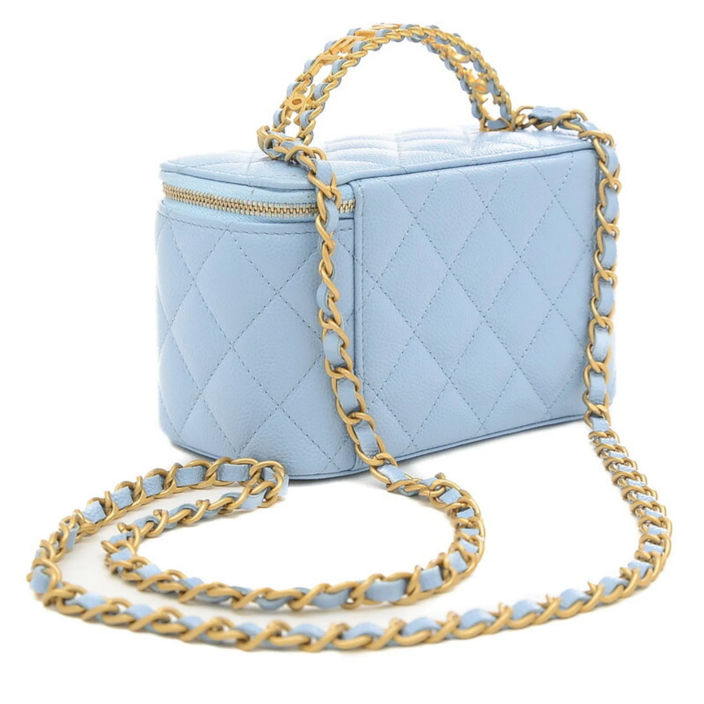 Pre-Owned Chanel Logo Handle Vanity Shoulder Bag Caviar Skin Blue Gold Hardware  (Good)
