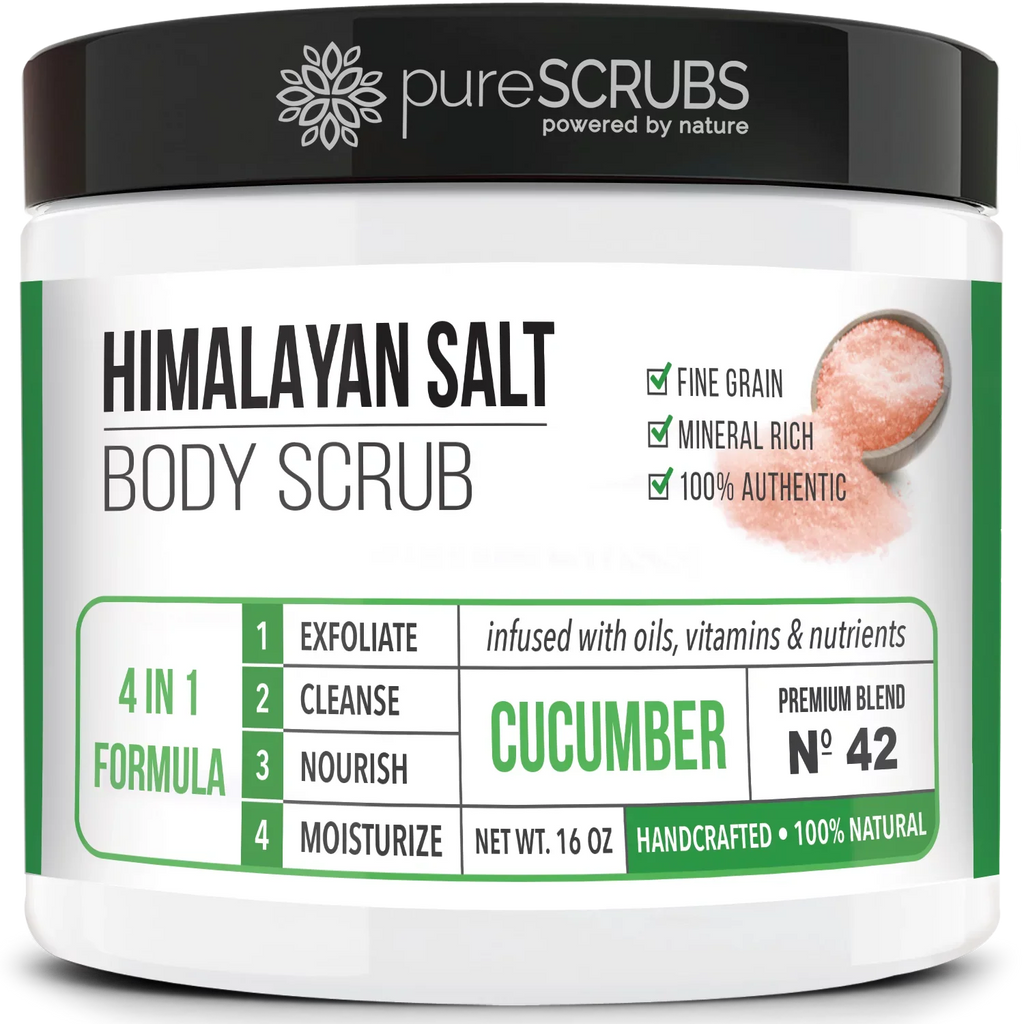pureSCRUBS Premium Pink Himalayan Salt Body Scrub Set- Large 16oz    - Infused With Organic Essential Oils & Nutrients +  Wooden Spoon, Loofah & Mini Exfoliating Bar Soap
