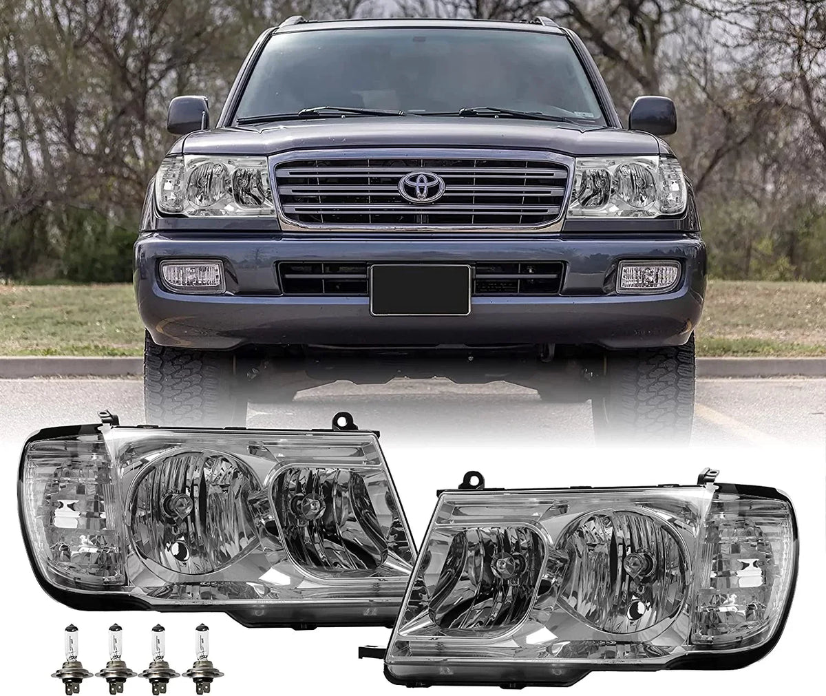 Headlights - Headlamps Set (Left + Right) Compatible with 1998-2005 Toyota Land Cruiser  100 (Euro Style with Clear Corner  Piece Design)