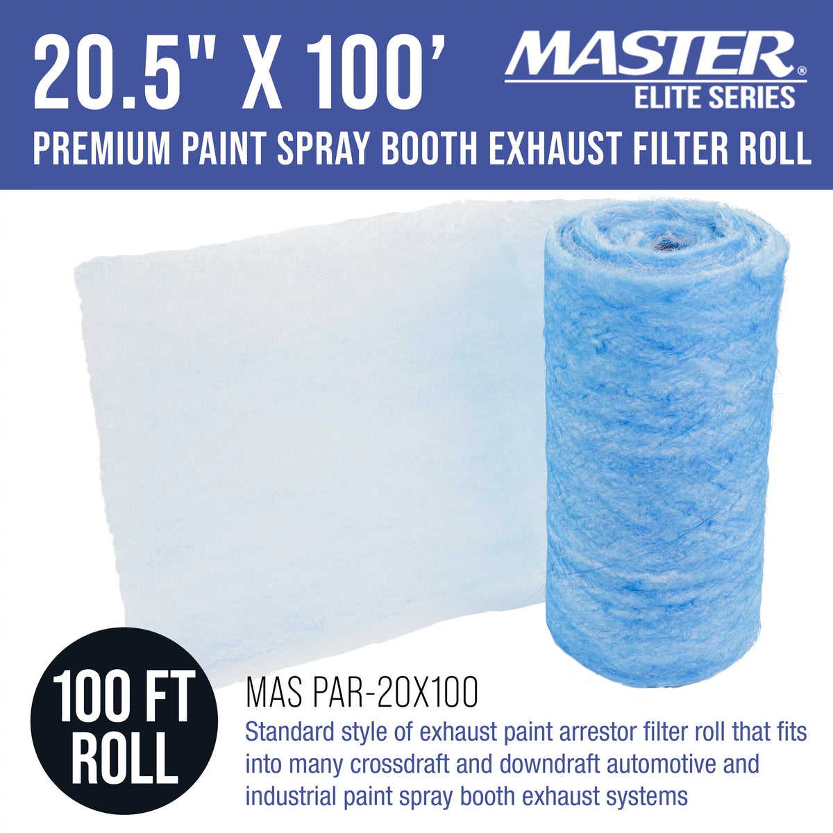 Master Elite Premium Paint Spray Booth Exhaust Filter Roll, 20.5" x 100' - 18 Gram Heavy-Duty Fiberglass Paint Arrestor - Captures Traps Overspray Paint Particles in Car Autobody Refinish Booths