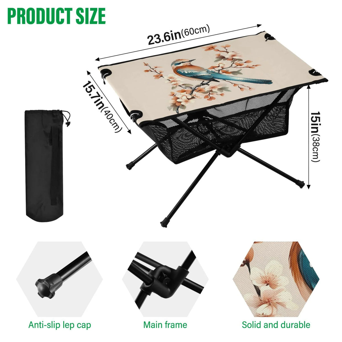 Birds on Flower Branches Camping Folding Table Portable Beach Table with Storage Bag Compact Picnic Table for Outdoor Travel Fishing