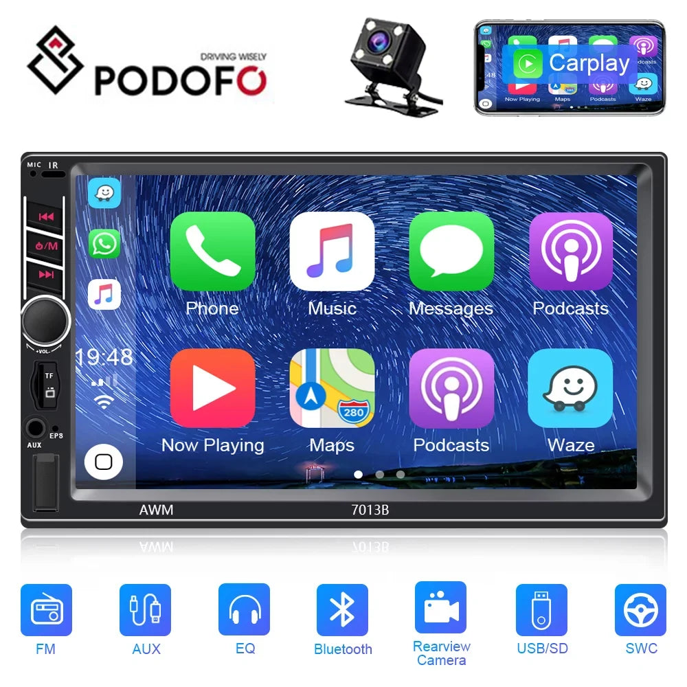 Podofo 2 Din Car Stereo with Apple -play 7 inch Touch Screen Car  Player Car Radio Bluetooth  with 4  Rear View Camera