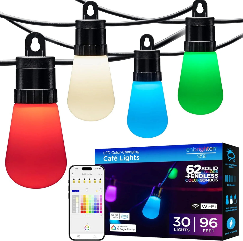 Smart Color Changing String Lights, 96 ft, 30 Lightweight   Patio Lights, Weatherproof, Customizable, Wi-Fi App Control, Dimmable Outdoor String Lights, 79617