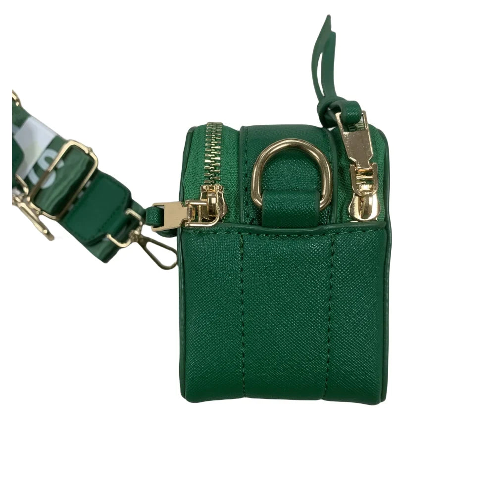 Women's Black Leather Cross body Snapshot Bag with Logo Chain Strap
