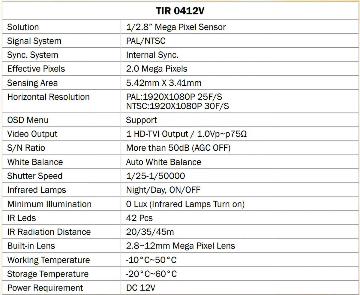 Eyemax -0412V- - 2MP Outdoor Bullet Camera, 2.8-12mm, 42   12V