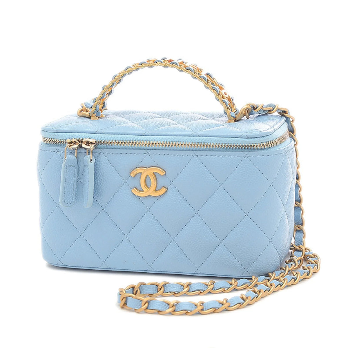 Pre-Owned Chanel Logo Handle Vanity Shoulder Bag Caviar Skin Blue Gold Hardware  (Good)