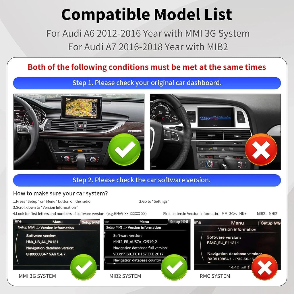 Road Top Wireless Carplay Retrofit Kit Decoder for Audi  2010-2016 Year with  3G System, fit for Audi  2016-2018 Year with , Support Android Auto, Mirrorlink, Reverse Camera