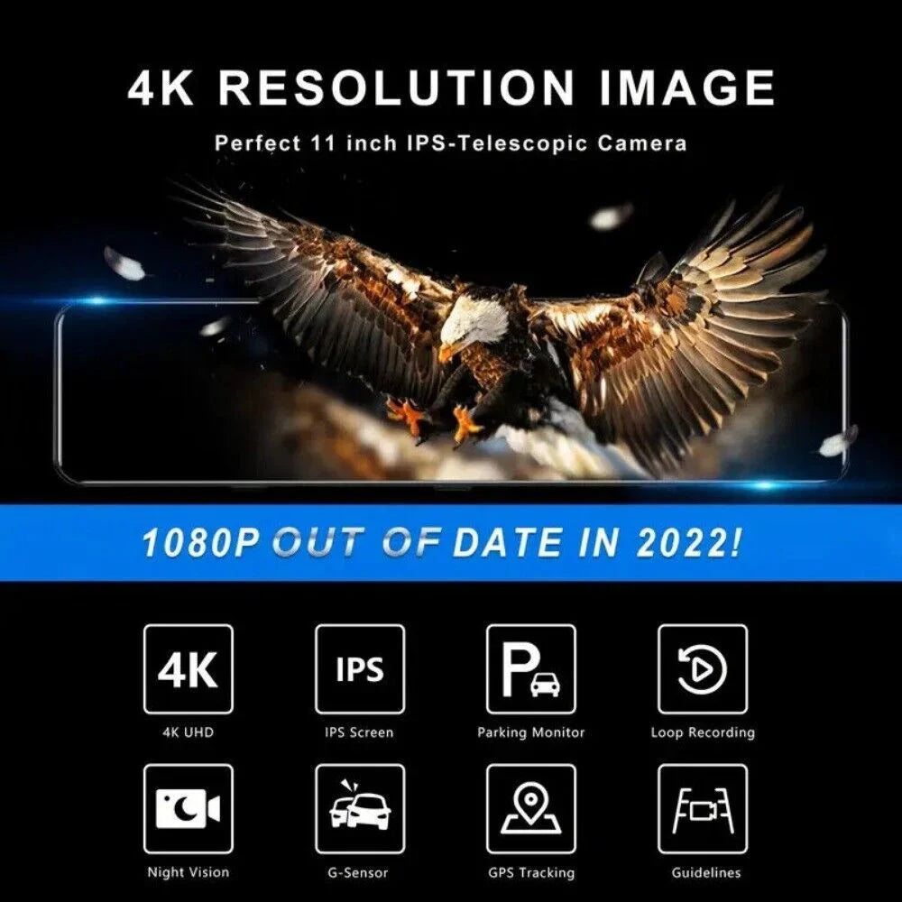 Dual Dash Cam 4K   11"  Rearview Mirror Car  Camera Front Rear Video Recorder