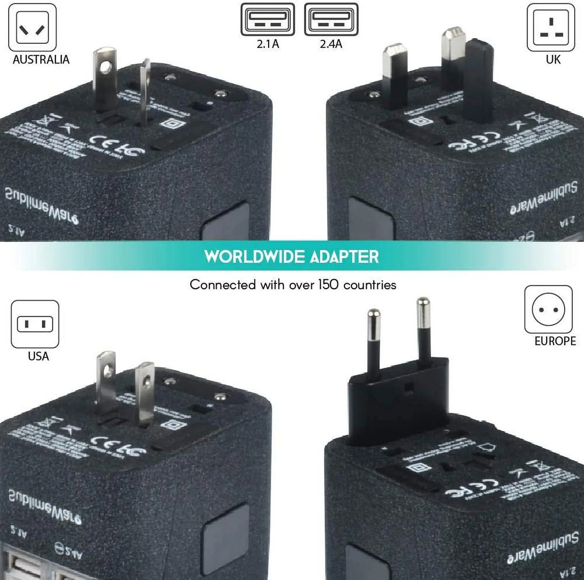 International Power Adapter for Travel (SandBlack) - 4  European Plug Adapter for 150+ Countries - for Europe  America China Ireland Italy - Smart Charging 2.4A Travel Adapters by Sublimeware