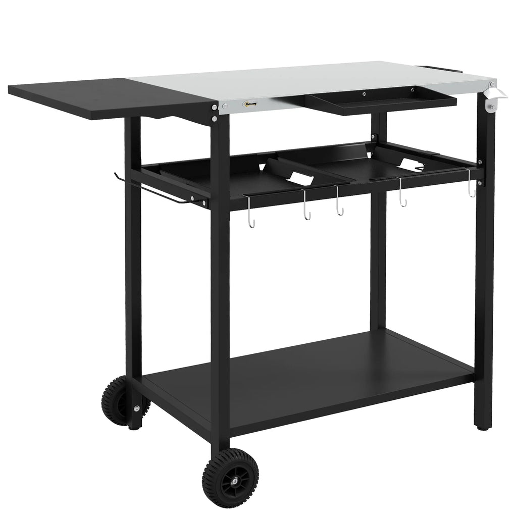 Outdoor Bar Cart with Stainless Steel Tabletop, Kitchen Island with Wheels, 2 Tiers & Seasoning Shelf, Patio Serving Cart with Hooks, Towel & Garbage Bag Holder, Plates & Spice Jars, Black