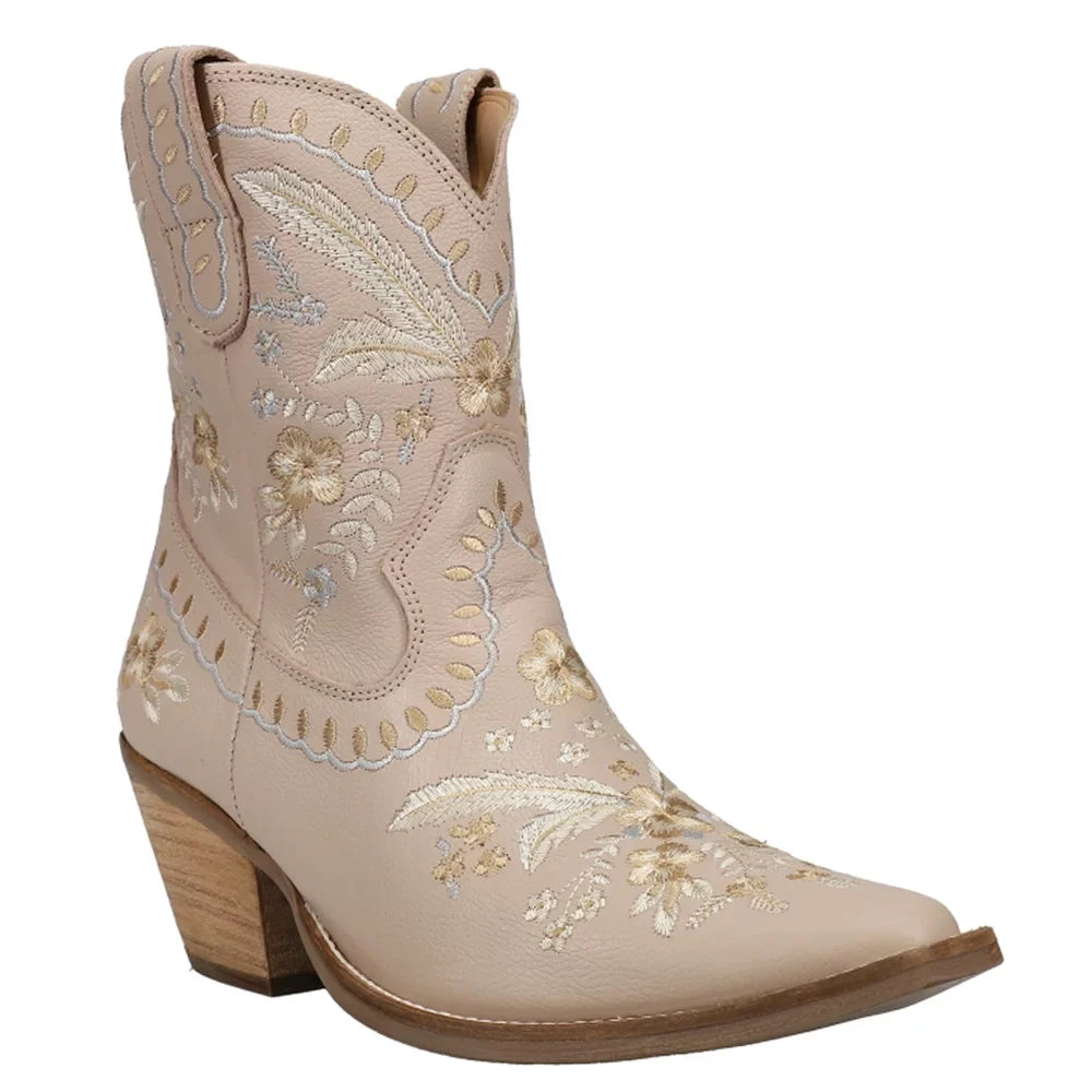 Dingo  Womens Primrose Embroidered Floral Snip Toe   Casual Boots   Ankle Mid Heel 2-3"