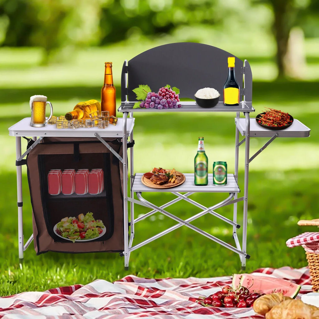 Folding Camping Kitchen Station Portable Barbecue Table Rack Brown Fabric Cover