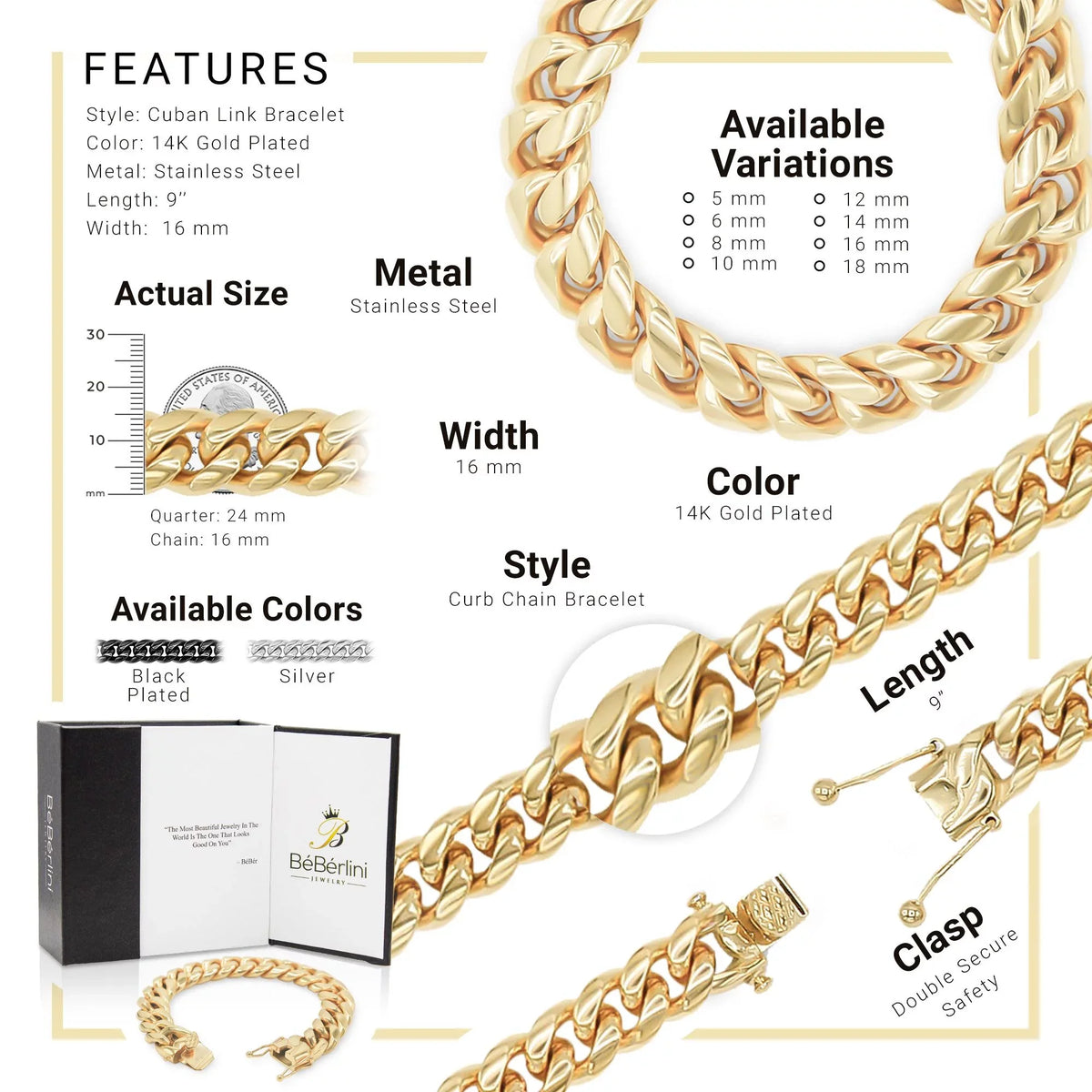 Cuban Link Bracelet 14K Gold Plated Curb Chain 9" Stainless Steel Fashion Jewelry for Adult Men 16 mm