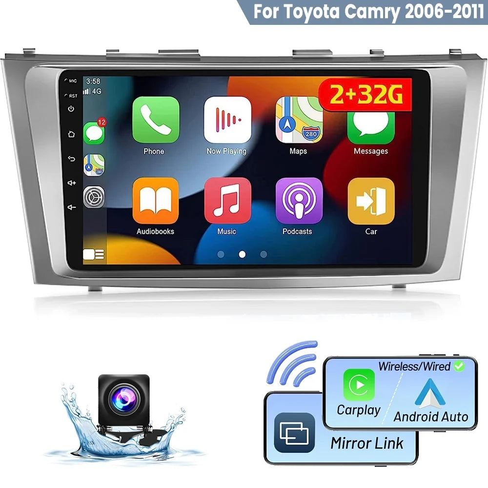 Podofo 2+32G for Toyota Camry 2006-2011 Car Stereo Radio Wireless Carplay Android Auto Mirror Link 9'' Touchscreen  1080P   Hifi  Bluetooth,  Backup Camera