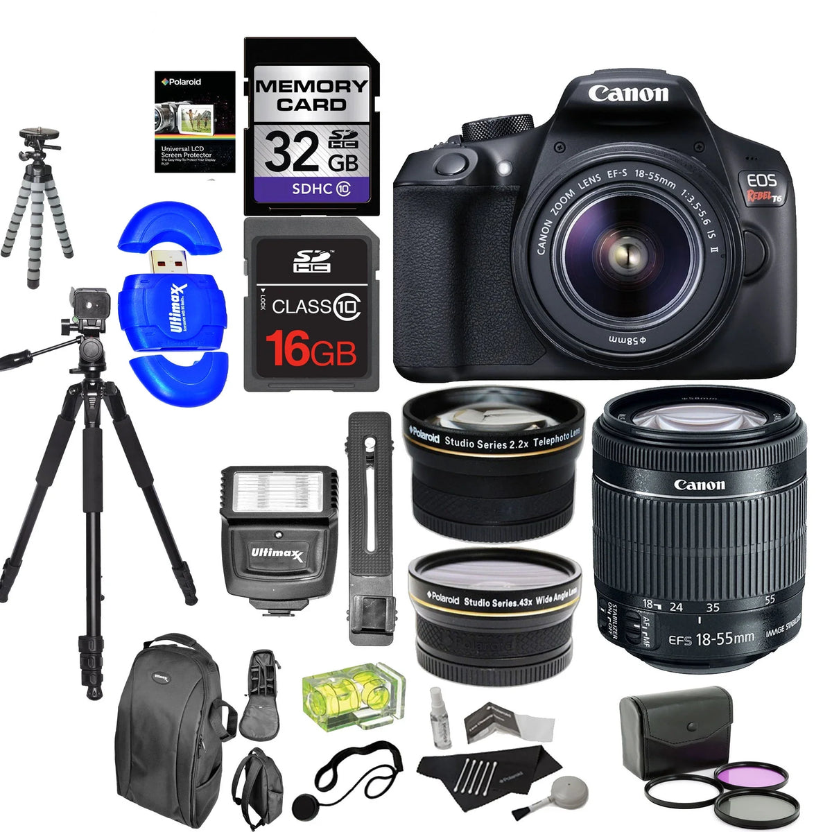 Canon  Rebel  Digital  Camera Kit with - 18-55mm f/3.5-5.6   Lens + Polaroid .43x Super Wide Angle & 2.2X  Telephoto Lens + 50" & 8" Polaroid Tripods + Memory Cards + Accessory Bundle