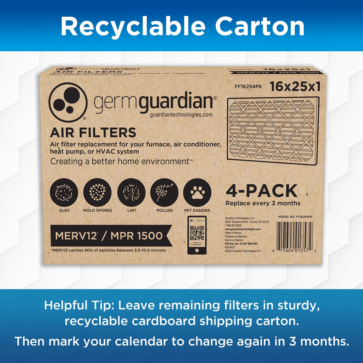Germ Guardian 16x25x1  12 Pleated   Furnace Air Filters (4-Pack)