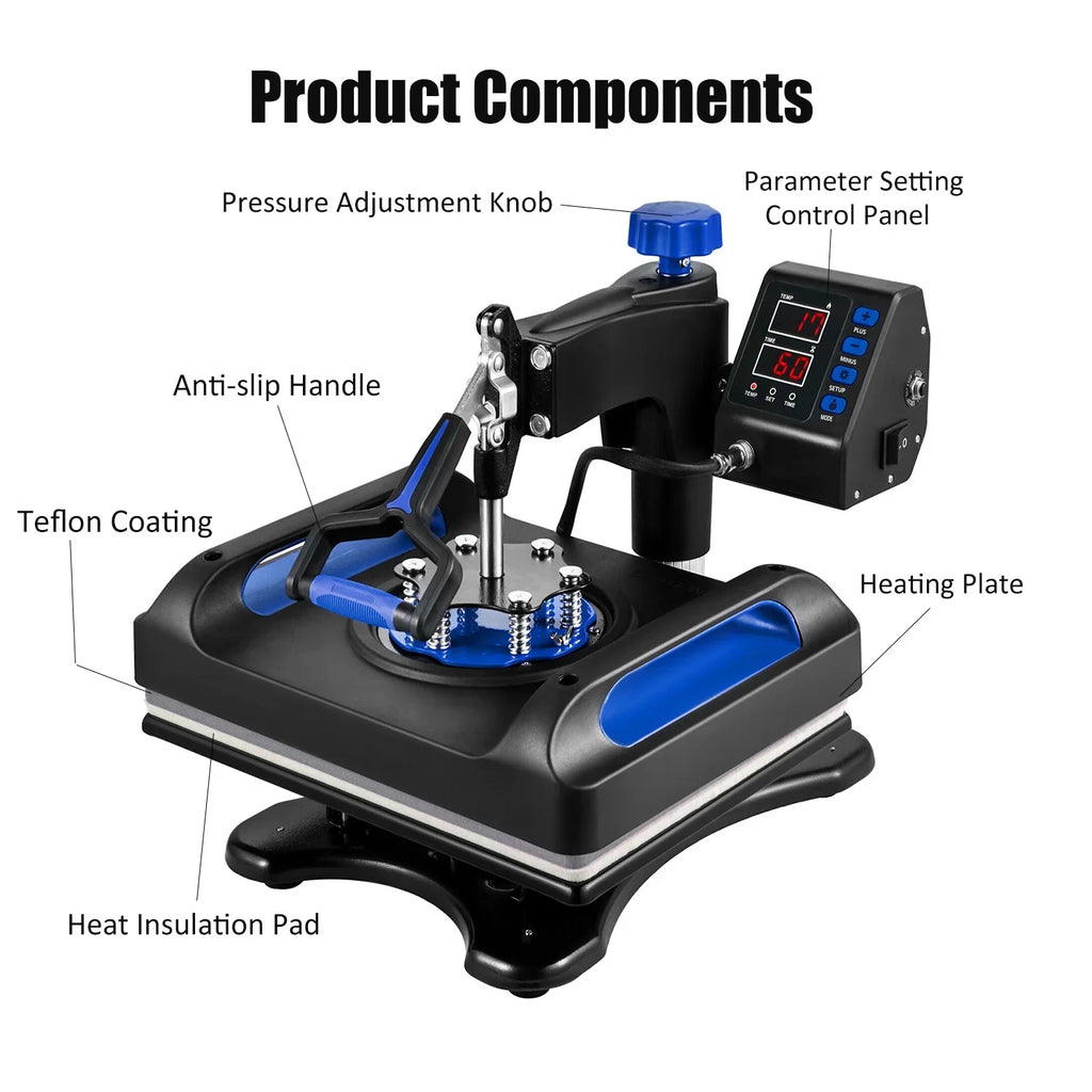Blue Heat Press Machine 8 in 1, 12 x 15 Inches Sublimation Transfer Printer, Digital Precise  Control Printing, 360 Swing Away Vinyl Transfer Printer for -Shirts, Canvas Bag, Pillow, Banner