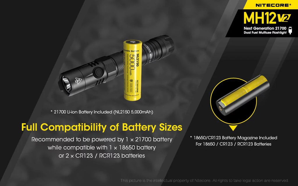 Combo: Nitecore    -   Flashlight -1200 Lumens -21700 Battery (Included) + NL2150HPi 21700 5000mAh Battery