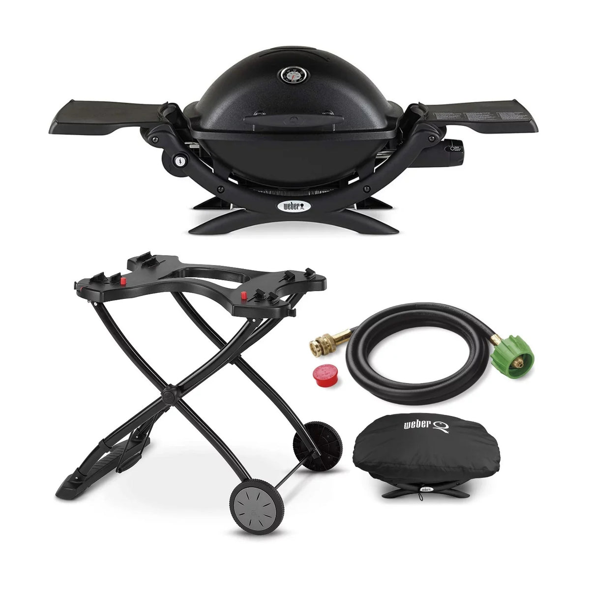 Weber  Liquid Propane Grill (Black) with Portable Cart, Adapter Hose Bundle