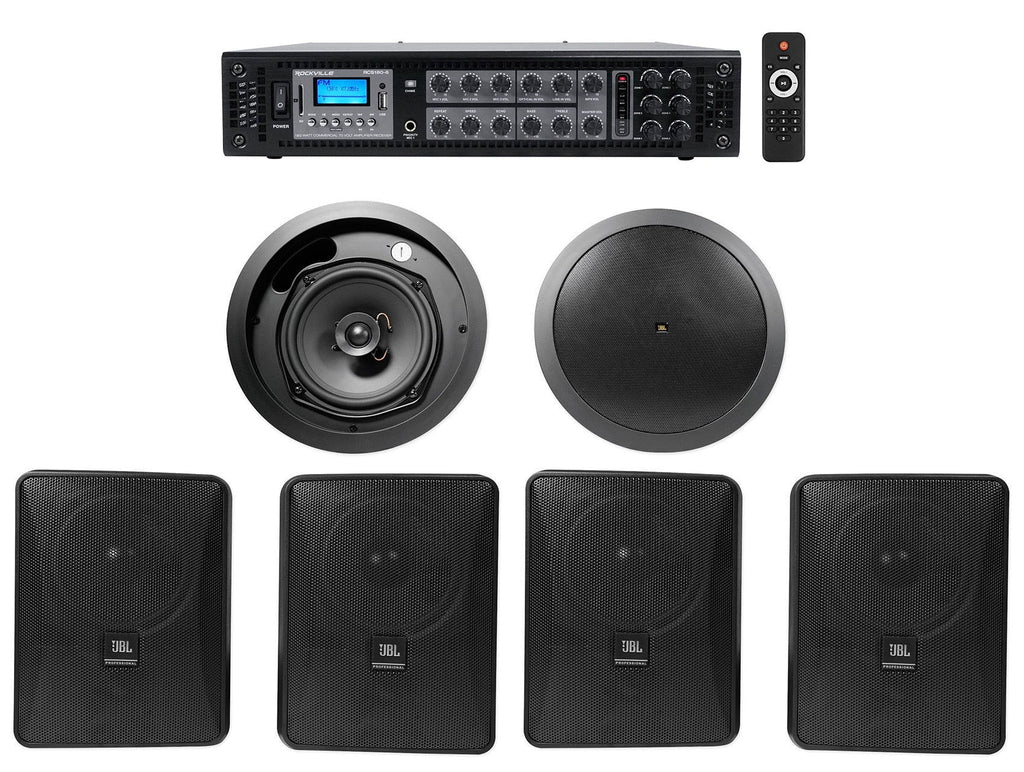 4)  5.25" Black Commercial Wall+6.5" Ceiling Speakers+Amp Restaurant/Cafe/Bar