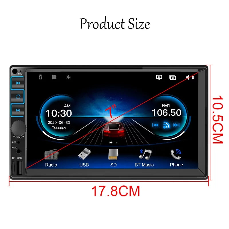 Car Radio 7'' 2 Din Stereo Receiver Bluetooth, Microphone, Mirror Link, Display, , Touch Screen Support Apple Carplay , Android Auto
