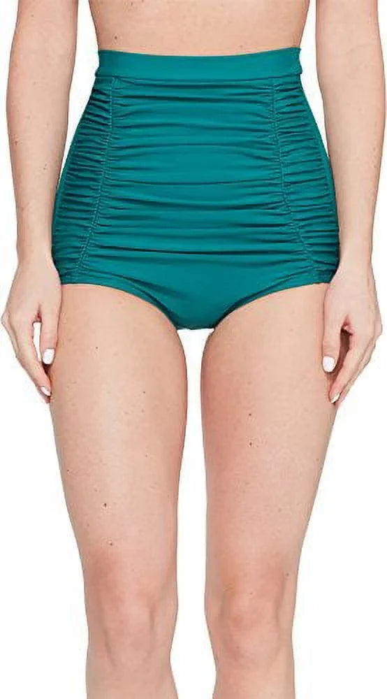 Unique Vintage Women's Monroe High Waist Ruched Bikini Bottom, Emerald Green,