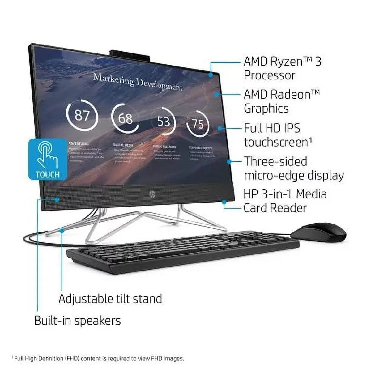 2022 Newest  All-in-One Desktop, 22"  Touch Screen,  Ryzen 3 3250U, 12GB , 512GB , Webcam, -, , -45,  Wired Keyboard&Mouse, WiFi, Windows 11 Home, Black