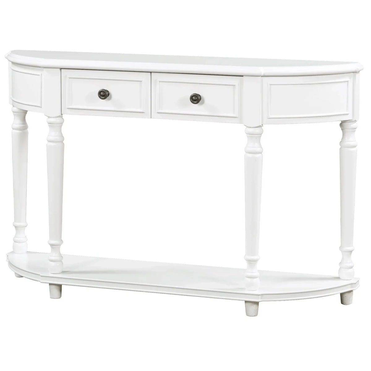 Retro Circular Curved Design Console Table with Open Style Shelf Solid Wooden Frame and Legs Two Top Drawers (White     )