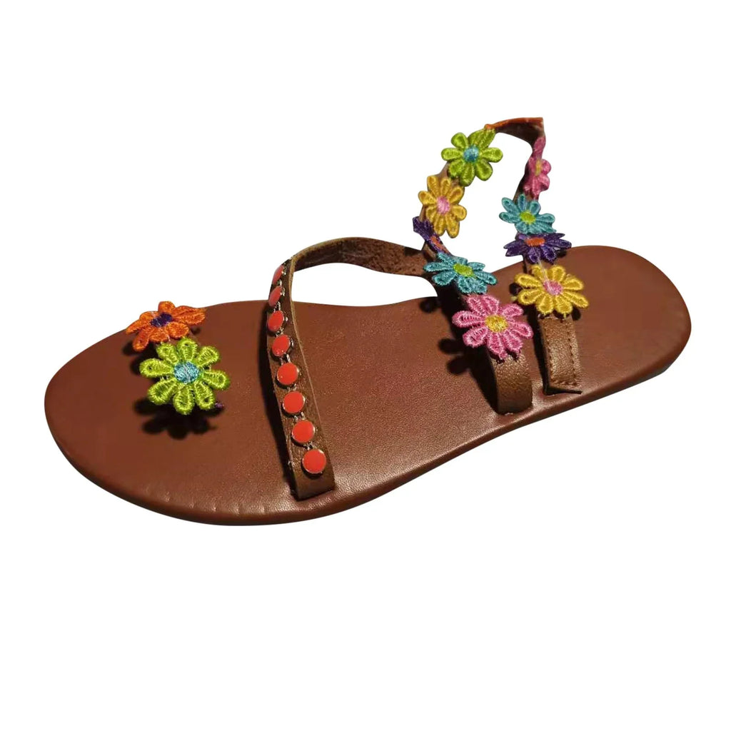 Summer Ladies Fashion Flower Breathable Printing Round Toe Flat Sandals Womens Designer Sandals Women Summer Sandals Strap Low Wedge Sandals for Women Rhinestone Sandals for Women Size 9 Flip Flop