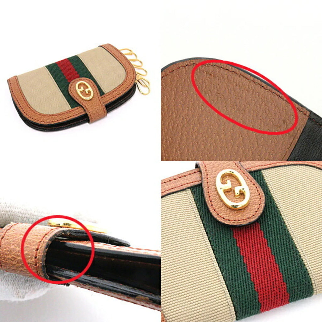 Pre-Owned Gucci  Old Sherry Line Key Case 6 Rows Beige Green/Red/Green Canvas/Leather Web Stripe (Good)