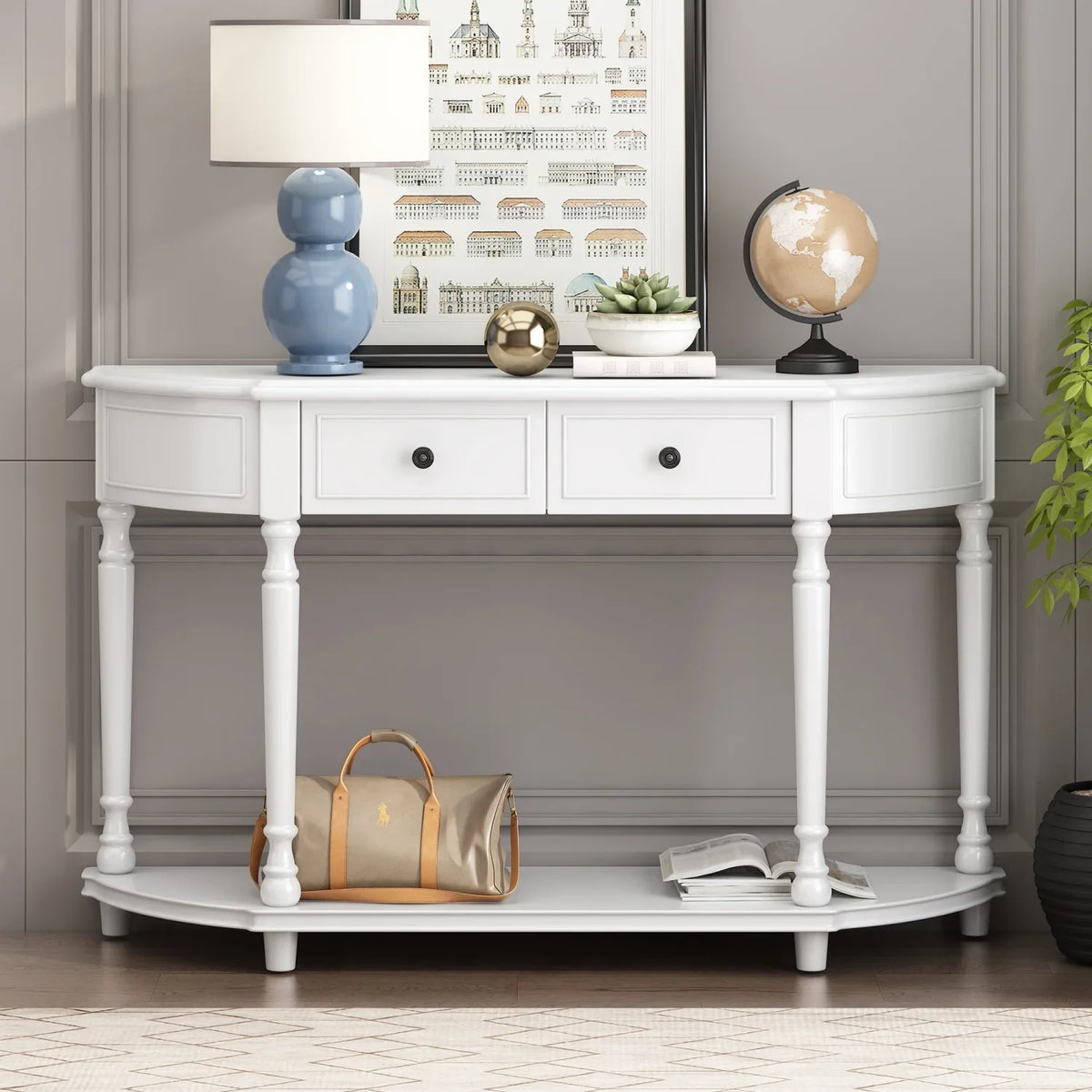 Retro Circular Curved Design Console Table with Open Style Shelf Solid Wooden Frame and Legs Two Top Drawers (White     )