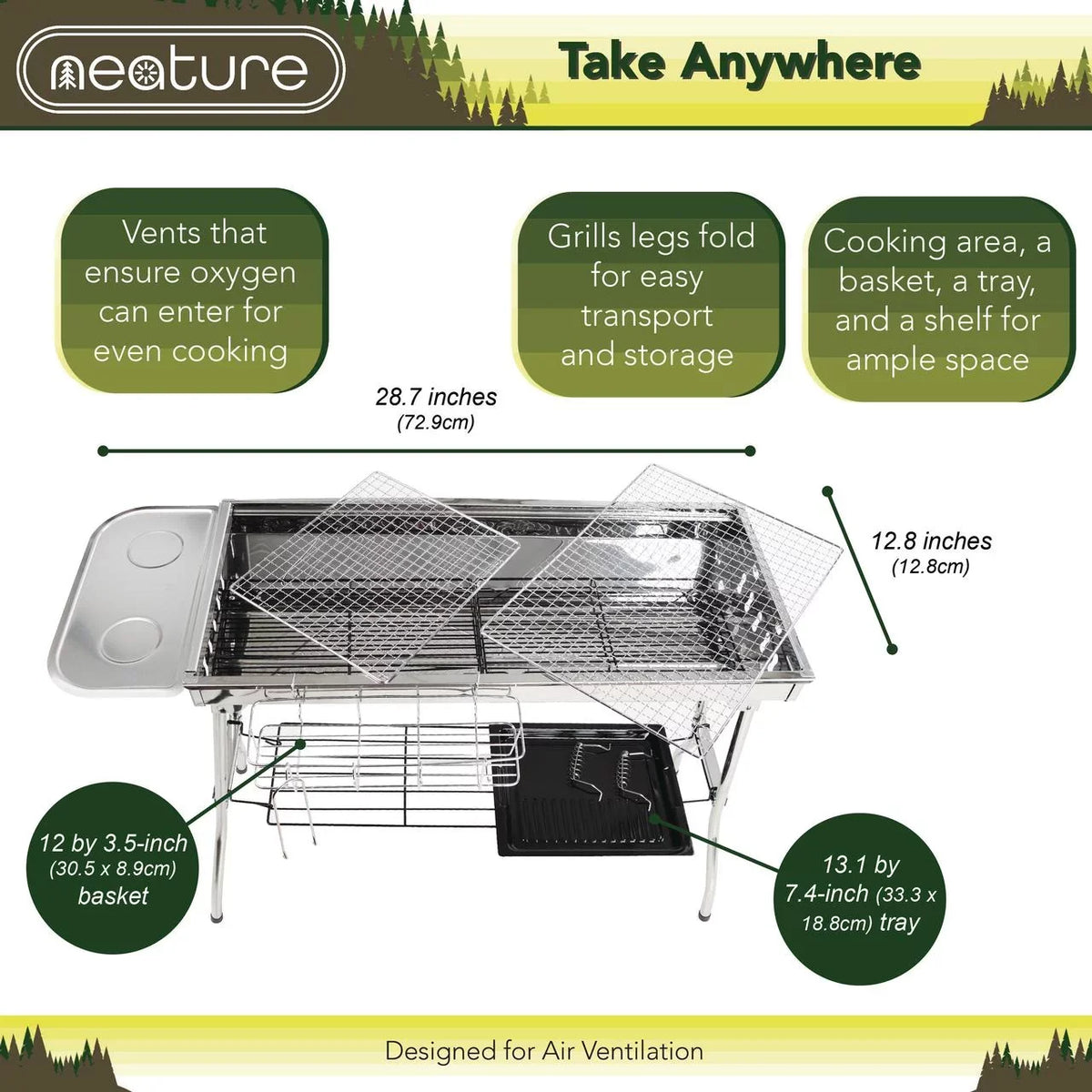 Neature Portable Charcoal Grill for Camping - 26.8in Tall Foldable  Grill