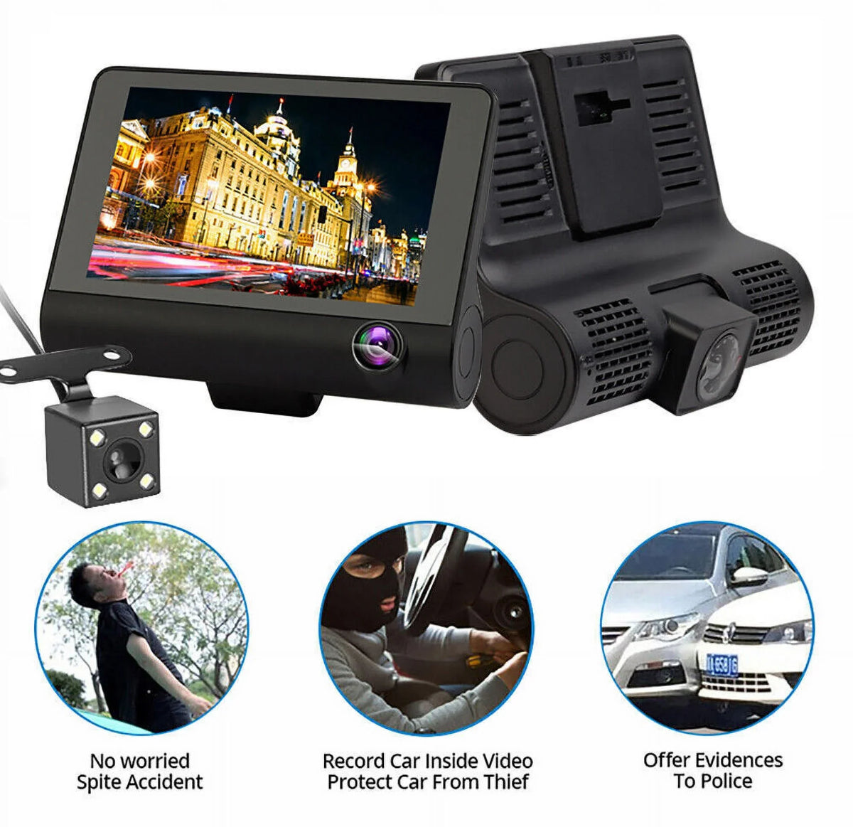 Car Dual Lens Dash Cam 1080P 4"   Front/Rear/Built-In Video Camera Driving Recorder -Sensor, Motion Detection and Parking Monitoring