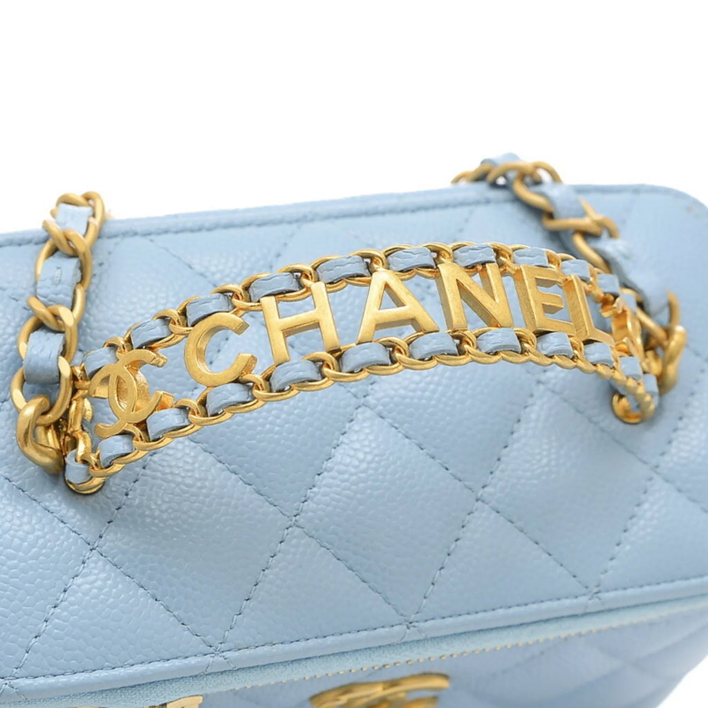 Pre-Owned Chanel Logo Handle Vanity Shoulder Bag Caviar Skin Blue Gold Hardware  (Good)