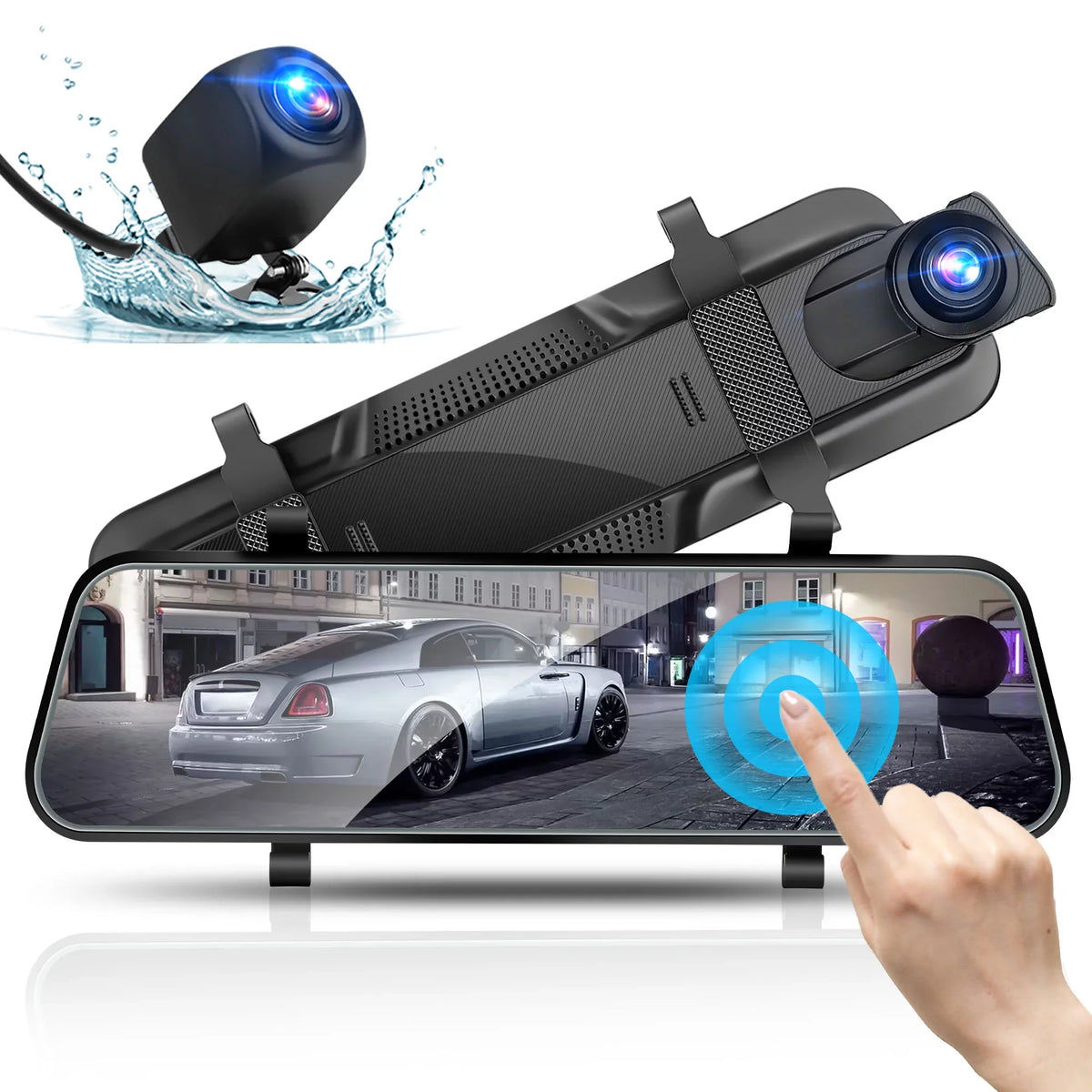 Car Rear View Mirror Camera,  1080P Dash Cam Backup Camera, Dual Driving Recorder with Night Vision, -Sensor,  Touch Screen