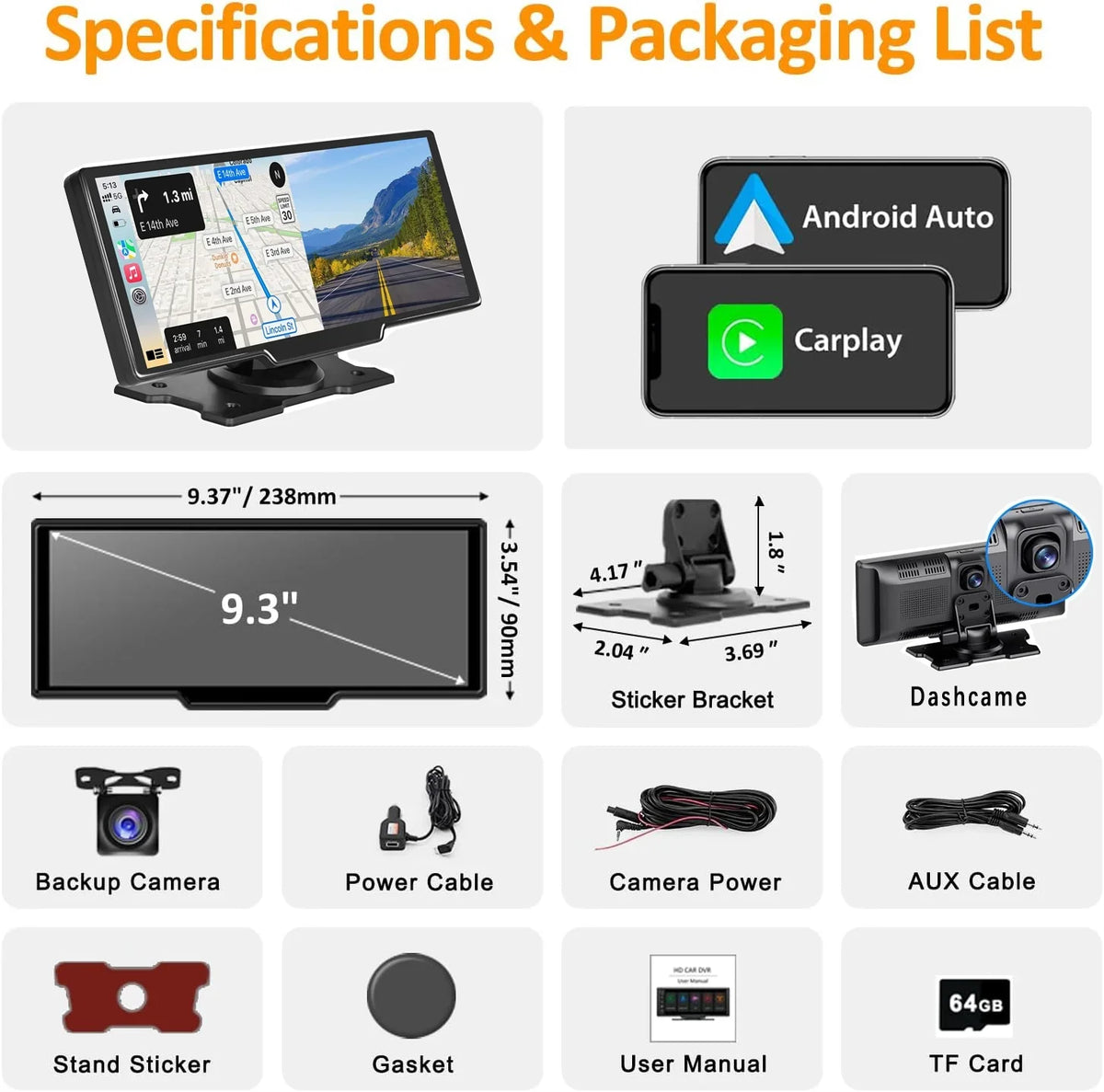 Portable Wireless Carplay Car Stereo with 2.5K Dash Cam - 9"   Screen, Android Auto, 1080p Backup Camera, Loop Recording, Bluetooth,  Navigation Head Unit, Car Radio Receiver
