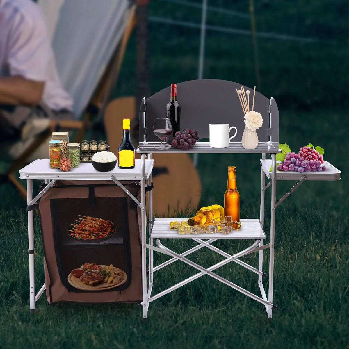 Folding Camping Kitchen Station Portable Barbecue Table Rack Brown Fabric Cover