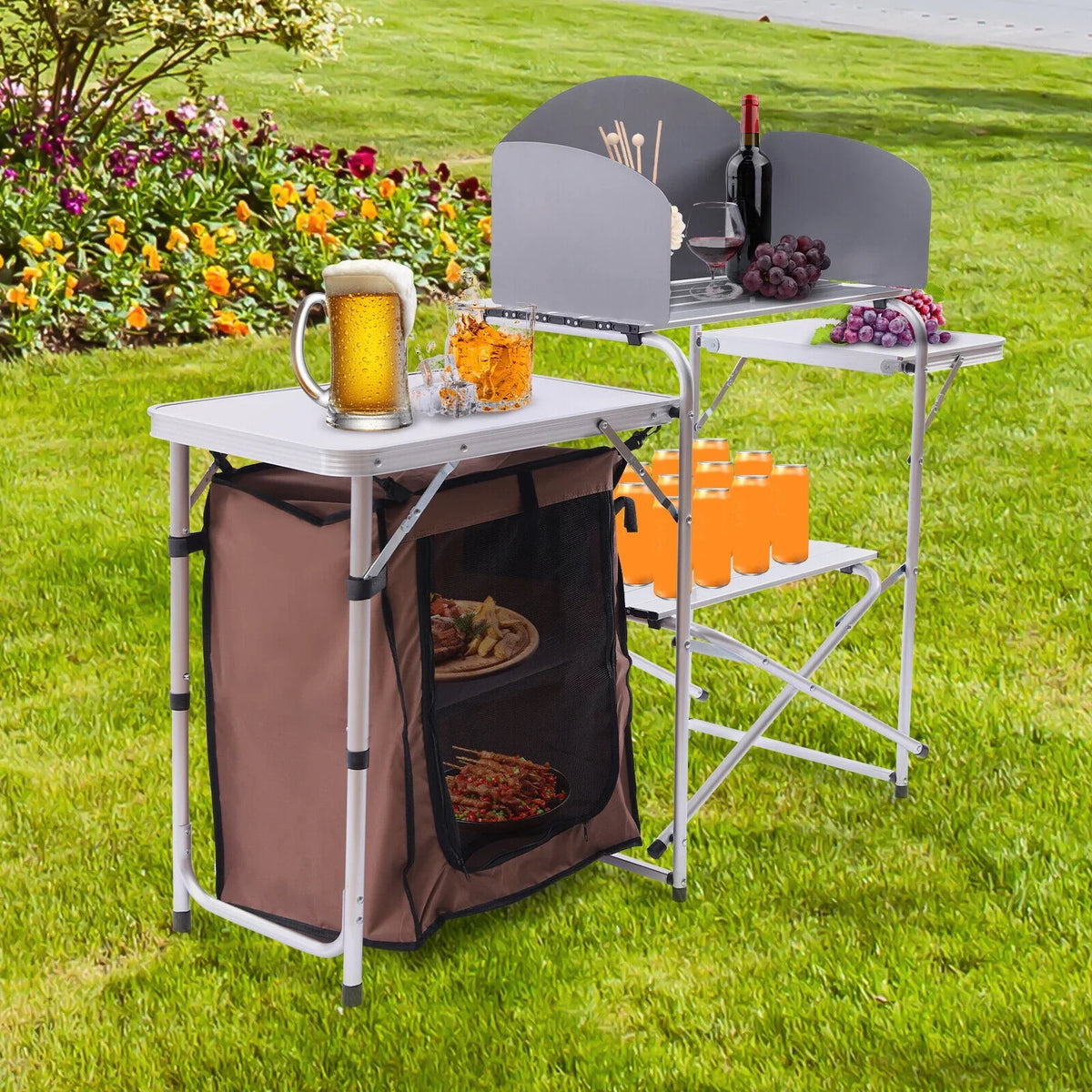 Folding Camping Kitchen Station Portable Barbecue Table Rack Brown Fabric Cover