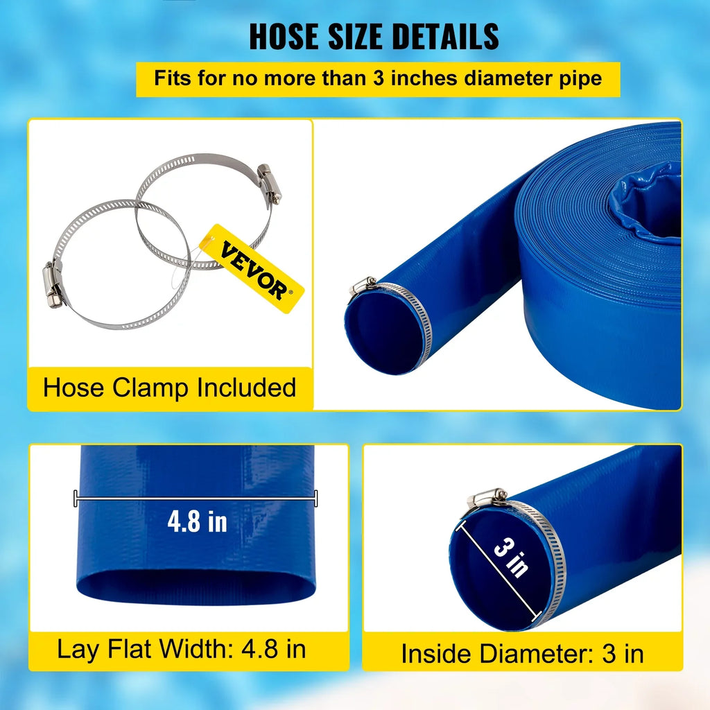 Discharge Hose, 3" x 105',  Fabric Lay Flat Hose, Heavy Duty Backwash Drain Hose with Clamps, Weather-proof & Burst-proof, Ideal for Swimming Pool & Water Transfer, Blue
