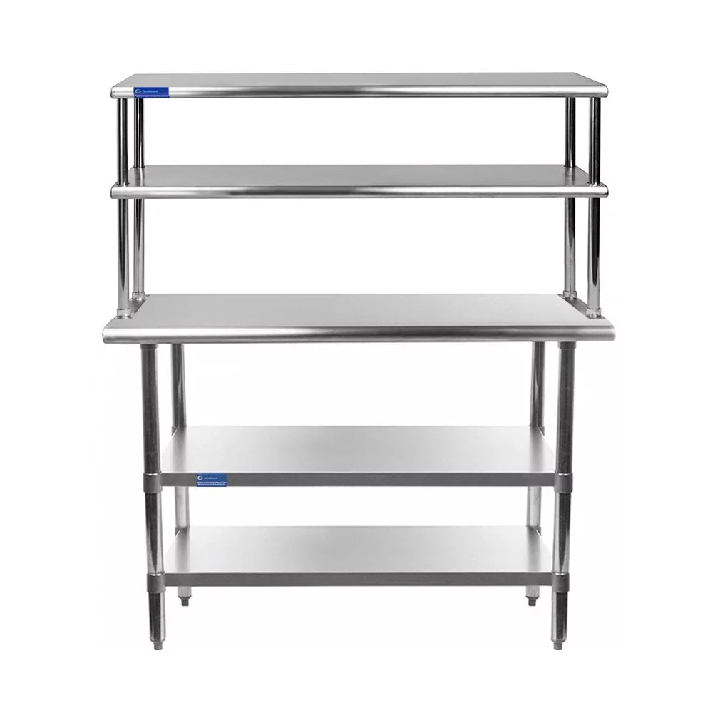 24" x 48" Stainless Steel Work Table With Two Shelves | 12" Wide Double Tier Overshelf | Metal Kitchen Prep Table & Shelving Combo