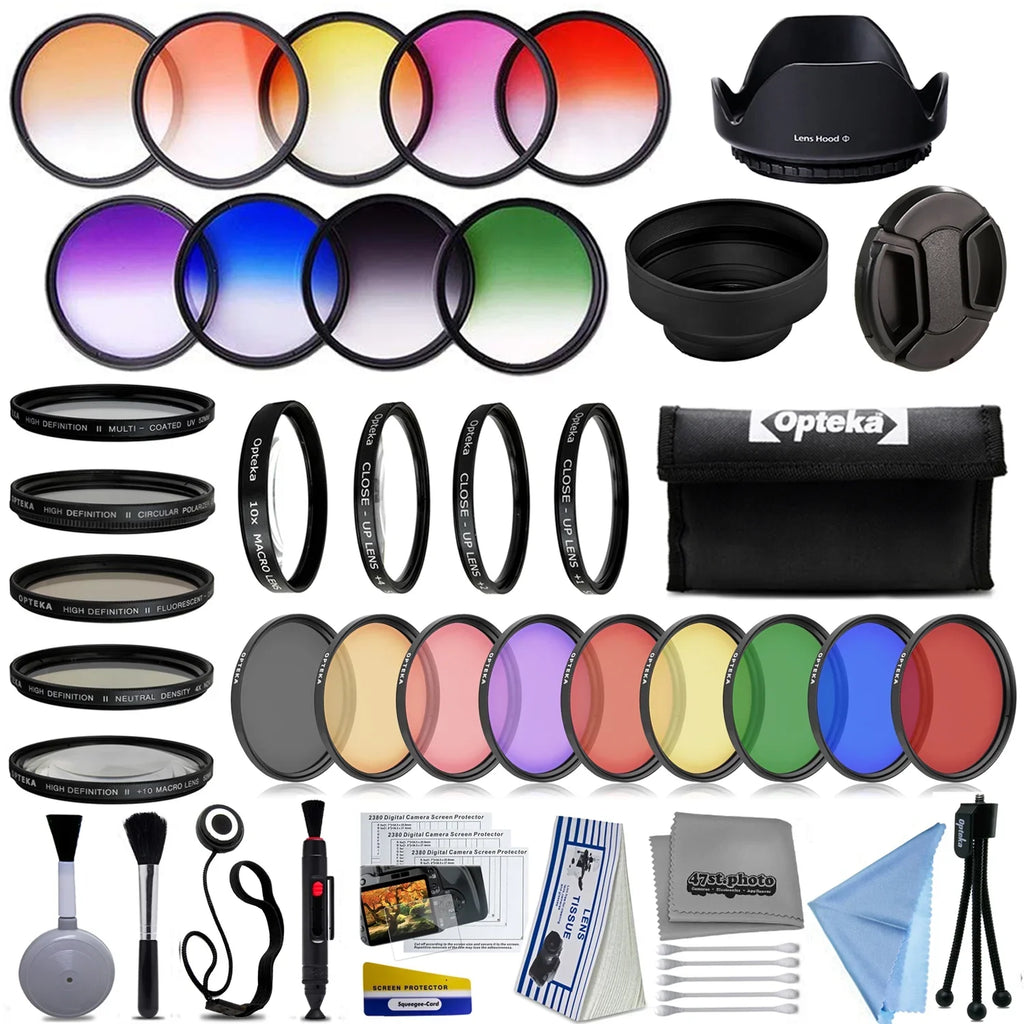 Opteka 58mm Professional 9pc Solid and Graduated Filter Accessory Bundle with 5pc Filter kit (----10x), 4pc Macro Lens Set (+1,+2,+4,10x), Tulip & Rubber Lens hoods + Cleaning kit and More