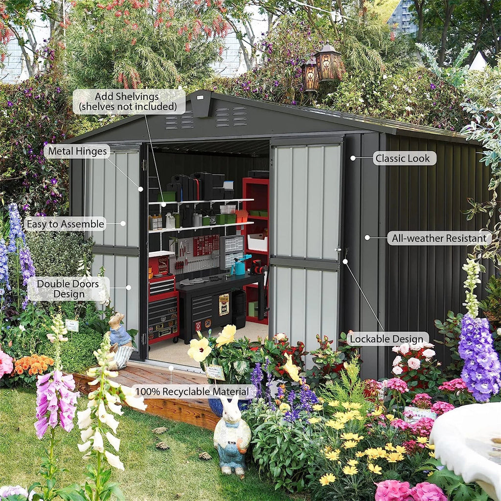 Homiyad Outdoor Storage Shed 10' 8', Metal Garden Shed for Bike, Trash Can, Tools, Galvanized Steel Outdoor Storage Cabinet with Lockable Door for Backyard, Patio, Lawn (10X8ft, Black)