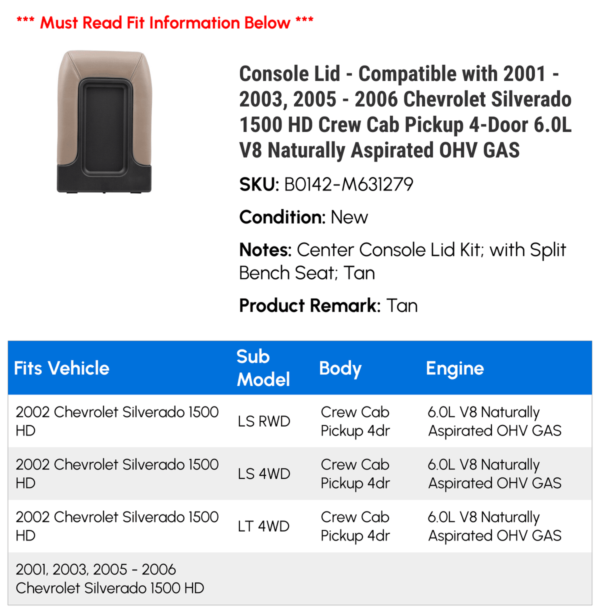 Console Lid - Compatible with 2001 - 2003, 2005 - 2006 Chevy Silverado 1500  Crew Cab Pickup 4-Door 6.0L  Naturally Aspirated   2002