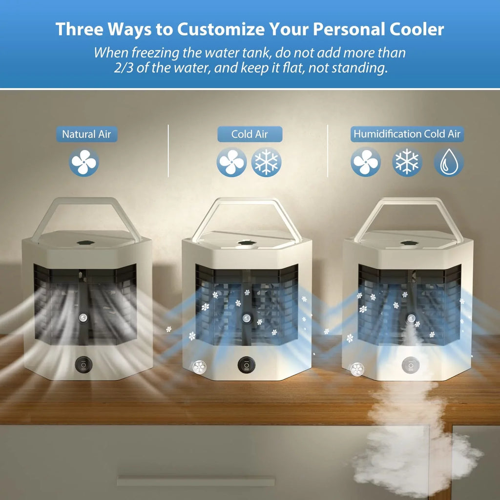 Mini Portable Air Cooler Personal Space Cooler Easy to Fill Water and Led Light and Portable Air Conditioner Device Cool Any Space Like Home office