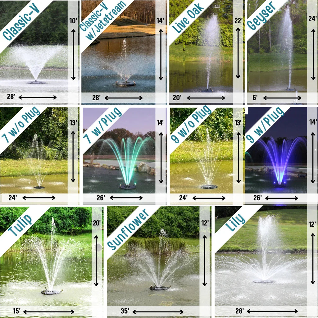 1.5  Floating Fountain | 100 foot Cord | 11 Patterns | White Lights | Surface Aeration for Ponds | -100