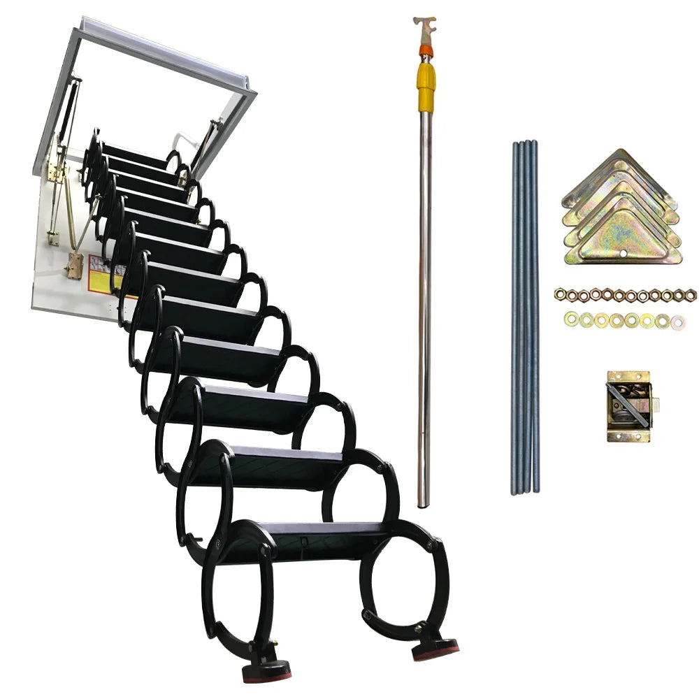 Ceiling Mounted Folding Loft Ladder Attic Stairs 9.8Ft Height 12 Steps Black (Open Size 31.5"x 39.37")