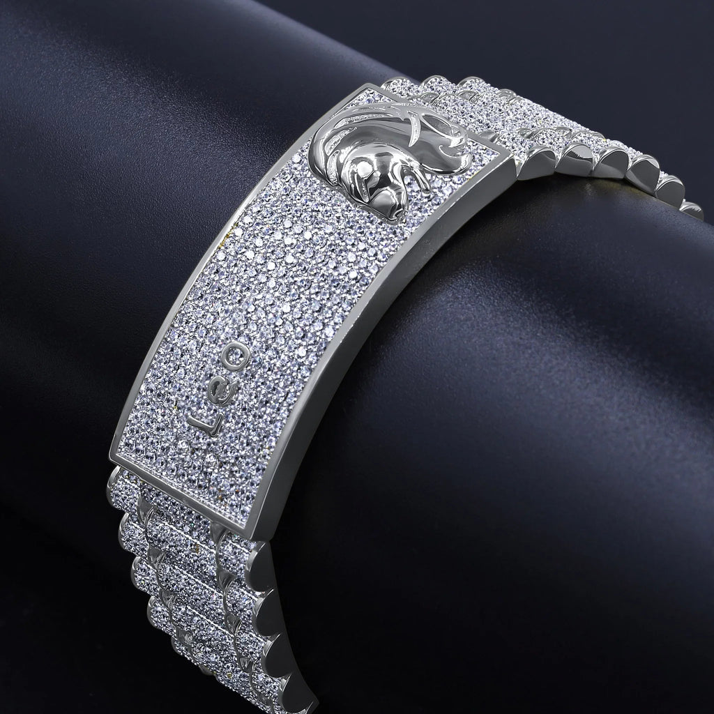 Zodiac Sign Leo Lion 14K White Gold Finish Simulated Diamond Mens Link Bracelet 8.5''
