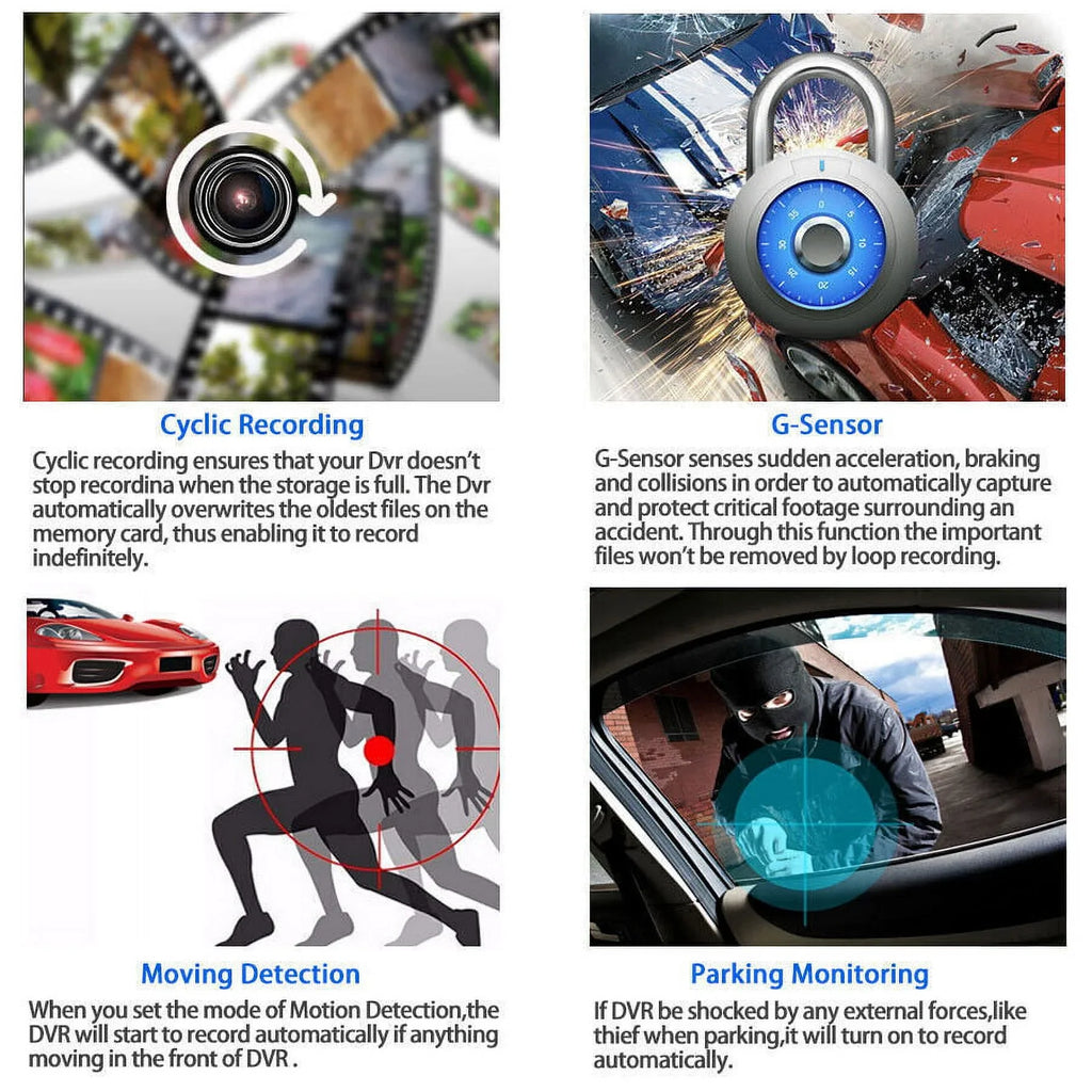 Car Dual Lens Dash Cam 1080P 4"   Front/Rear/Built-In Video Camera Driving Recorder -Sensor, Motion Detection and Parking Monitoring