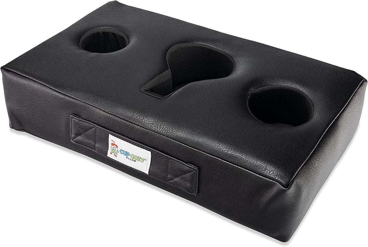 Cup Cozy Pillow (Black Faux Leather) *As Seen on *- The World's  Cup Holder. Keep drinks close and prevent spills. Use it anywhere-Couch, floor, bed, man cave, car, , park, beach and more!
