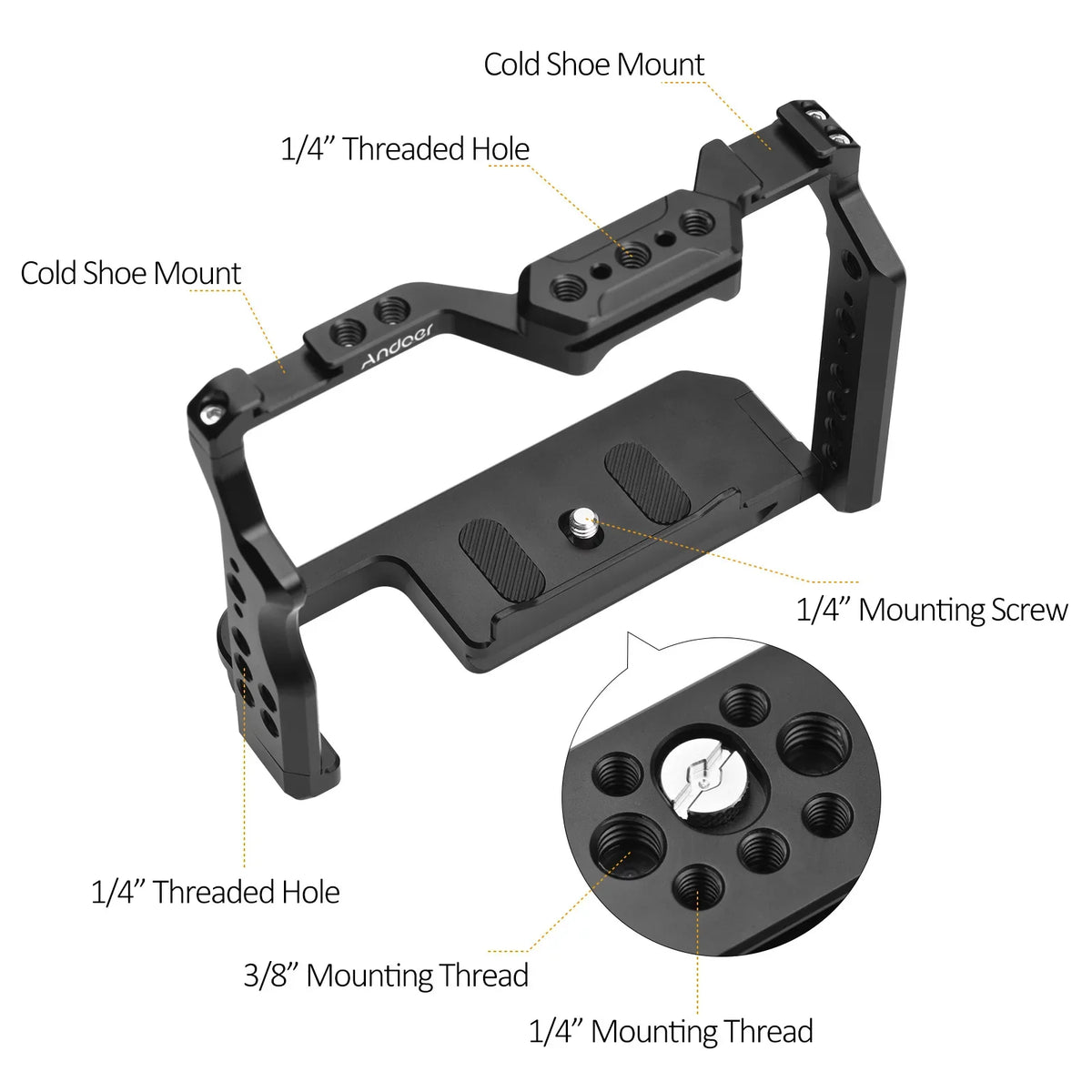 Camera Cage Aluminum Alloy Video Cage with Dual Cold Shoe Mounts Numerous 1/4 Inch Threads Replacement for Sony / / /  /  /